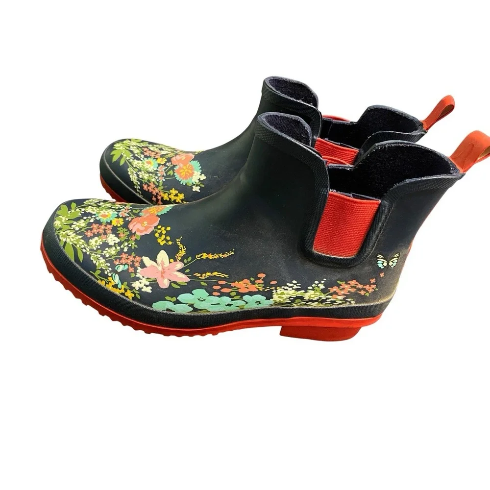 GARDENLINE Women's Floral Rain Boots Size 9 Navy Blue Red Ankle Garden Chelsea
